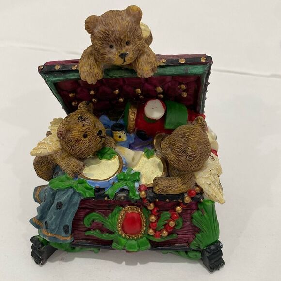 Vintage Three Angle Bears Inside Of A Red And Green Toybox W Candlestick Holder - Picture 1 of 8